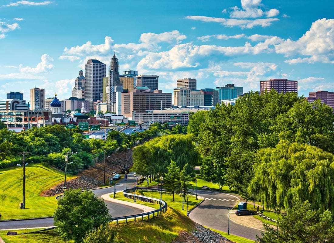 Contact - Aerial Scenic View of Hartford, Connecticut on a Nice Sunny Day